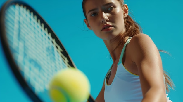 Vista parcial de una joven deportiva sosteniendo una raqueta de tenis y una pelota mientras juega sobre un fondo azul