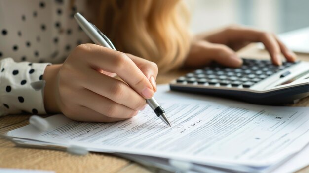 Foto vista parcial de una mujer llenando un formulario de bancarrota y usando una calculadora en una ia generativa de madera