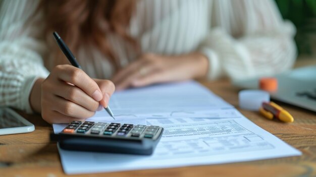 Foto vista parcial de una mujer llenando un formulario de bancarrota y usando una calculadora en una ia generativa de madera