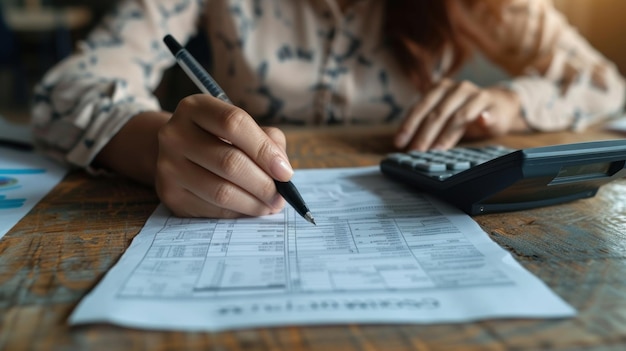 Vista parcial de una mujer llenando un formulario de bancarrota y usando una calculadora en una IA generativa de madera