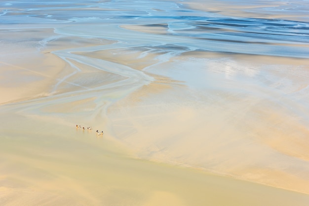 Vista desde las paredes del Mont Saint Michel en la bahía durante la marea baja con grupos de turistas caminando. Francia