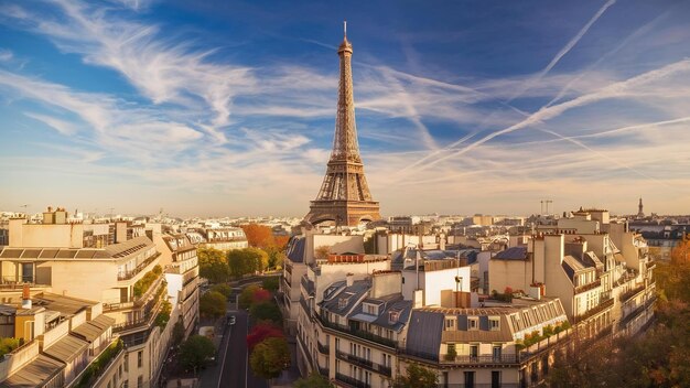 Vista de París y la Torre Eiffel con cielo azul con nubes en otoño en París, Francia