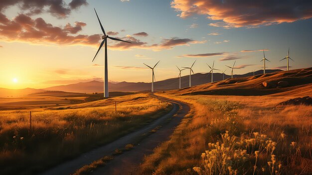 Vista de un parque eólico dinámico al atardecer energía sostenible