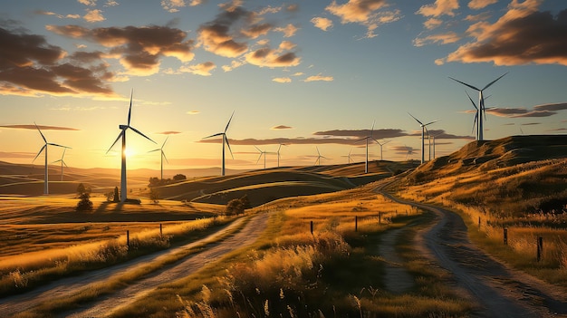 Vista de un parque eólico dinámico al atardecer energía sostenible