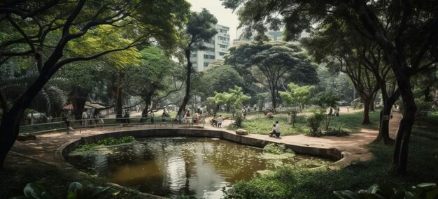 Una vista de un parque con un estanque y árboles.