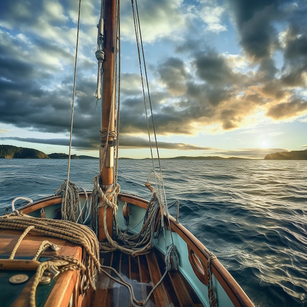 una vista desde la parte delantera de un velero en el océano navegando pintura del barco