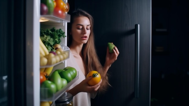 Vista desde la parte posterior de la hermosa mujer joven abre la puerta del frigorífico mira dentro saca verduras Mujer preparando comida saludable usando comestibles IA generativa completa