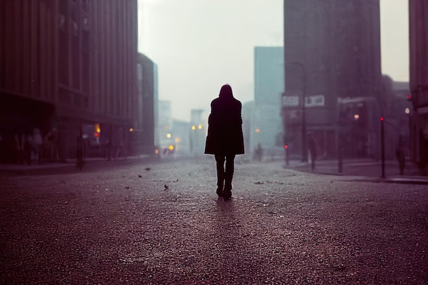 Foto vista desde la parte trasera de un hombre que se va a la ciudad. la ruptura del concepto se aleja de alguien que los bloquea. no importa, no hay consideración para recuperar el control. ilustración digital dramática.