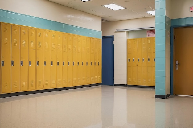 Foto una vista de un pasillo de la escuela secundaria que muestra los casilleros amarillos de los estudiantes