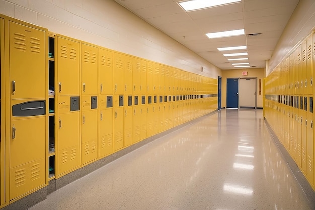 Foto una vista de un pasillo de la escuela secundaria que muestra los casilleros amarillos de los estudiantes