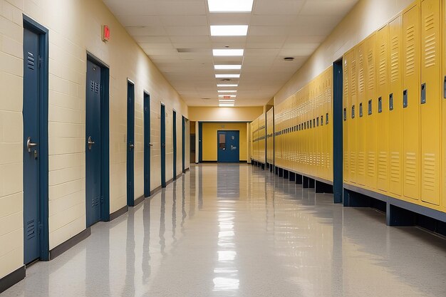 Foto una vista de un pasillo de la escuela secundaria que muestra los casilleros amarillos de los estudiantes