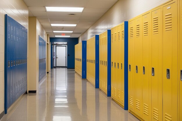Una vista de un pasillo de la escuela secundaria que muestra los casilleros amarillos de los estudiantes