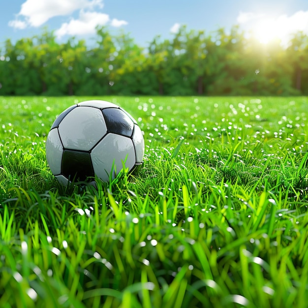 vista de la pelota de fútbol en el campo verde luz del sol renderización 3D para el papel tapiz para las redes sociales tamaño de la publicación