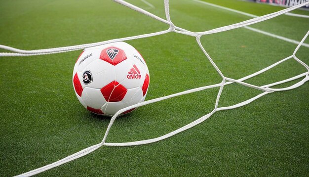 Foto vista de una pelota de fútbol en el césped del campo