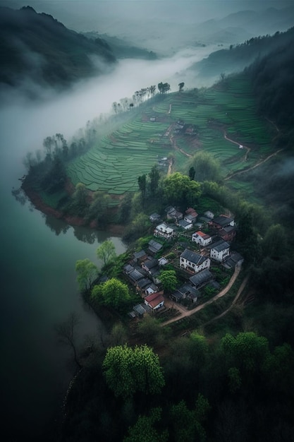 Vista de un pequeño pueblo en las montañas con un río que lo atraviesa ai generativo