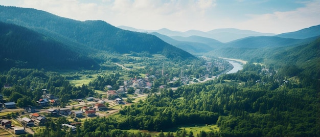 Foto una vista de un pequeño pueblo en las montañas