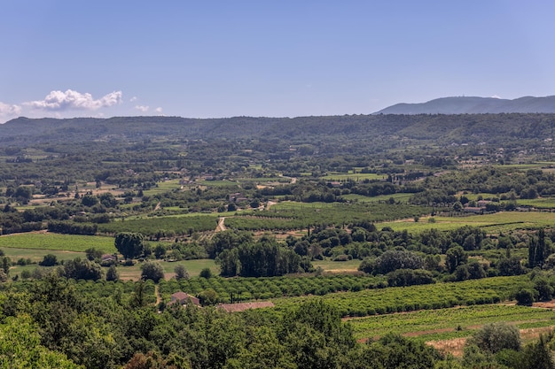 Vista del pequeño valle de Luberon desde la cima de una colina de viñedos y campos cultivados Vaucluse Provence Francia