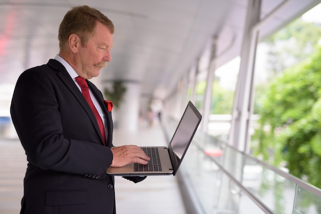 Vista de perfil del apuesto empresario senior con bigote usando laptop en la ciudad