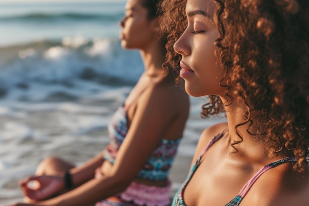 Una vista de perfil capturando la meditación pacífica la suave brisa del mar y la puesta de sol