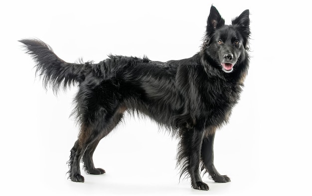 Vista de perfil de un perro Groenendael que muestra sus largas orejas puntiagudas de pelaje negro y su mirada enfocada contra un telón de fondo blanco limpio