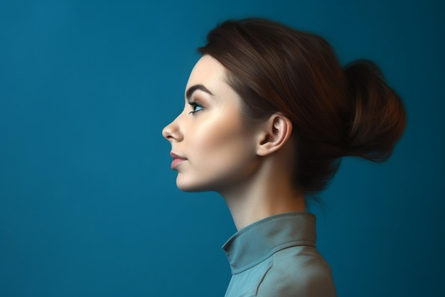 Vista del perfil retrato de una joven seria en el espacio de copia de fondo azul