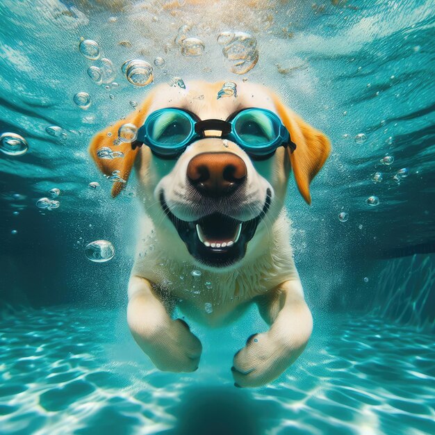 Foto vista de un perro gracioso y lindo nadando bajo el agua