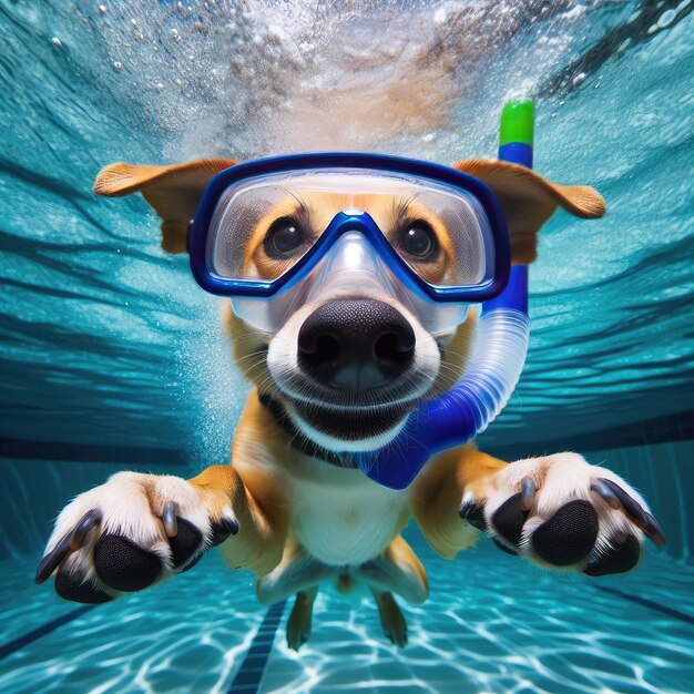 Foto vista de un perro gracioso y lindo nadando bajo el agua