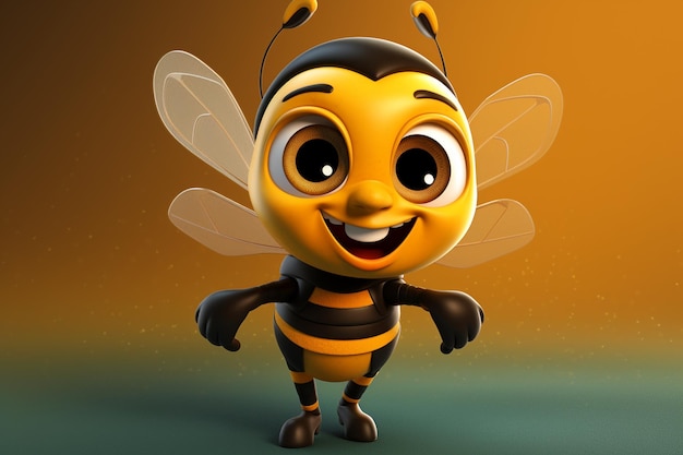 Vista del personaje de dibujos animados 3D abeja