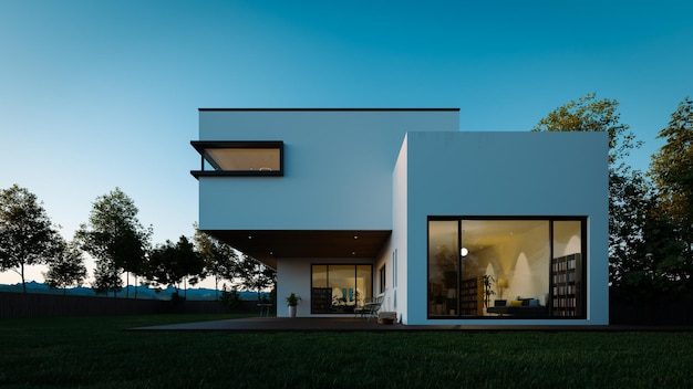 Vista en perspectiva de la arquitectura moderna de dos plantas al atardecer con paredes exteriores blancas de renderizado 3d