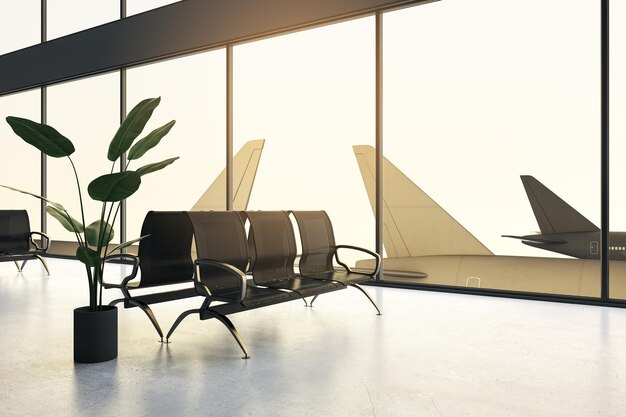 Vista en perspectiva de asientos vacíos y flor verde en el piso de concreto en el salón del aeropuerto con vista de las colas de los aviones desde la ventana panorámica en la representación 3D de fondo