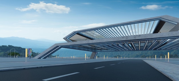 Vista en perspectiva de la carretera vacía y el edificio moderno de la estructura del puente