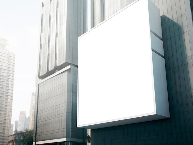 Vista en perspectiva de una cartelera blanca en blanco en la pared del edificio durante el día