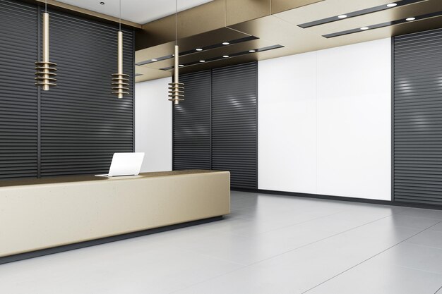 Vista en perspectiva de la elegante área de recepción en una espaciosa oficina con paredes blancas y de listones negros, techo decorado con oro y suelo gris claro en 3D