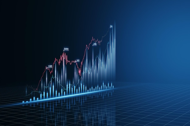 Vista en perspectiva del gráfico financiero moderno en crecimiento con flecha ascendente sobre fondo azul oscuro con espacio vacío para su logotipo Concepto de comercio de inversión y mercado de valores Mockup 3D Rendering