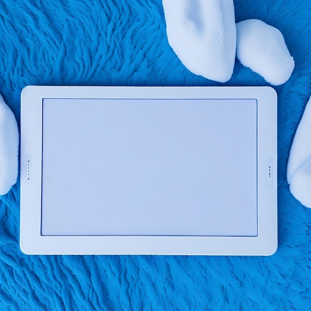Vista en perspectiva en una pantalla de tableta digital blanca en blanco con espacio para el logotipo de la marca o la web