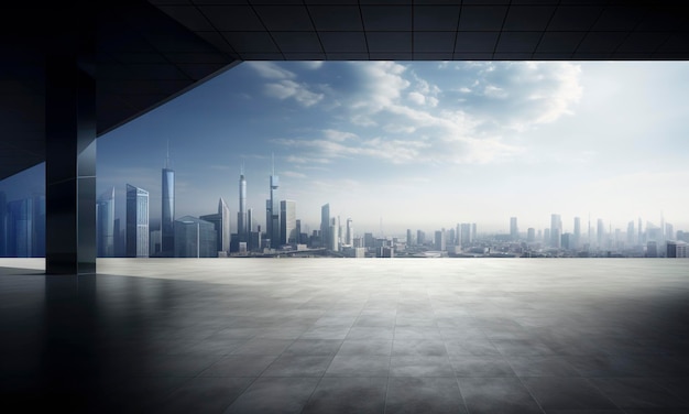 Vista en perspectiva del piso vacío y del moderno edificio en la azotea con escena de paisaje urbano