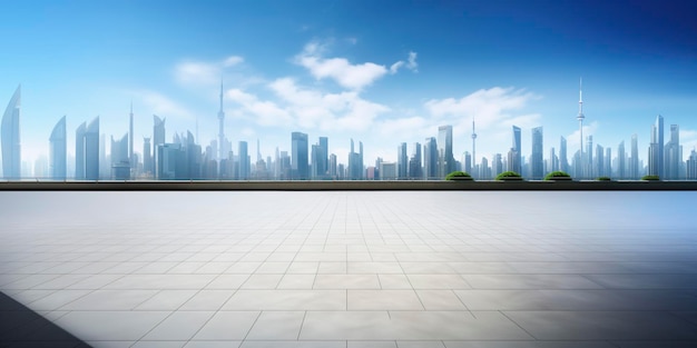 Vista en perspectiva del piso vacío y del moderno edificio en la azotea con escena de paisaje urbano