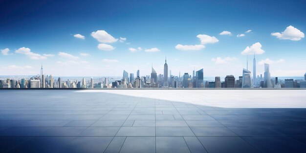 Vista en perspectiva del piso vacío y del moderno edificio en la azotea con escena de paisaje urbano