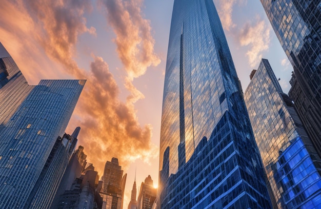 Vista en perspectiva de los rascacielos al atardecer