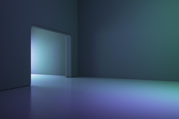 Vista en perspectiva sobre el arco de salida iluminado en una sala de sombras vacía de color púrpura oscuro y verde con una pared en blanco con espacio para su logotipo o texto y maqueta de renderizado 3D de piso brillante