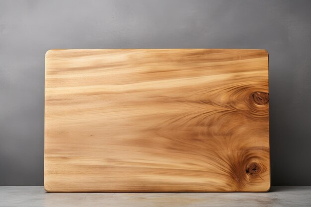 Vista en perspectiva de una tabla de cortar madera vacía sobre un fondo gris con espacio para copiar