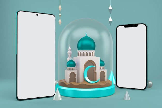 Foto vista en perspectiva de teléfonos inteligentes con fondo temático de ramadán
