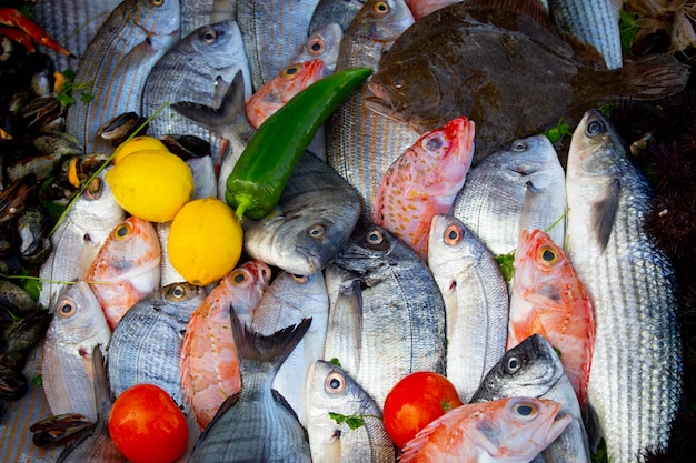 Vista de pescado para la venta en el mercado