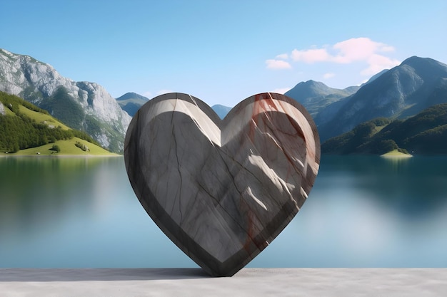 Vista de piedra en forma de corazón con montañas y paisaje de lago Ai Generado