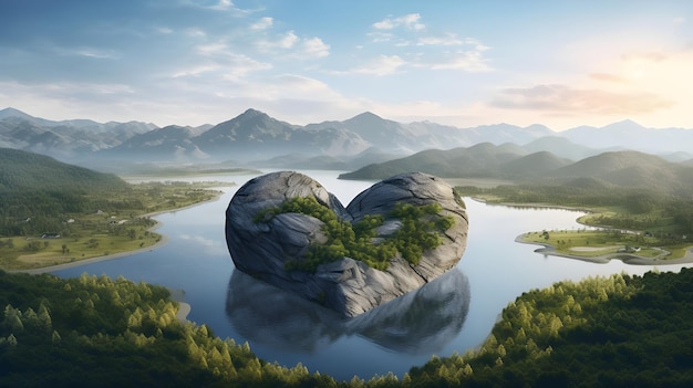 Vista de piedra en forma de corazón con montañas y paisaje de lago Ai Generado