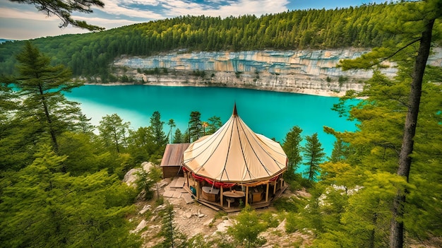 Una vista pintoresca de una lujosa carpa glamping encaramada en un acantilado con vista a un sereno lago turquesa en un bosque verde