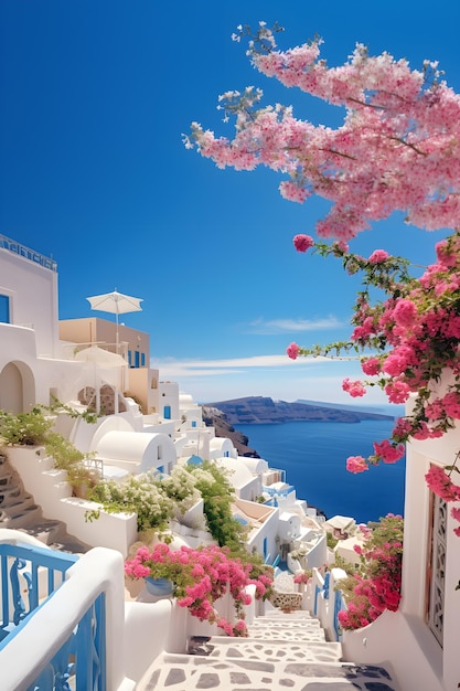 Vista pintoresca de Santorini con casas encaladas y mar azul