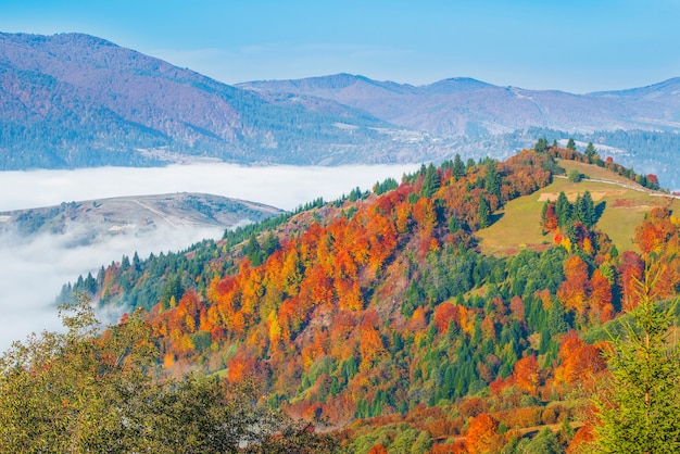 Vista del pintoresco valle de la montaña con cielo azul