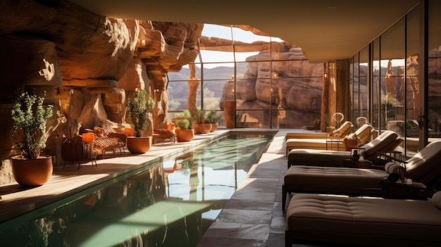 vista de la piscina de baño de primavera de la cueva del desierto