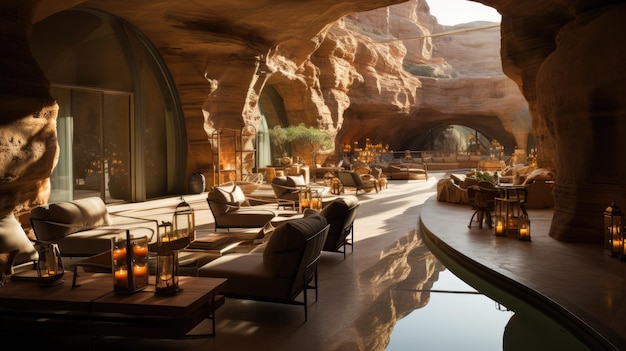 vista de la piscina de baño de primavera de la cueva del desierto